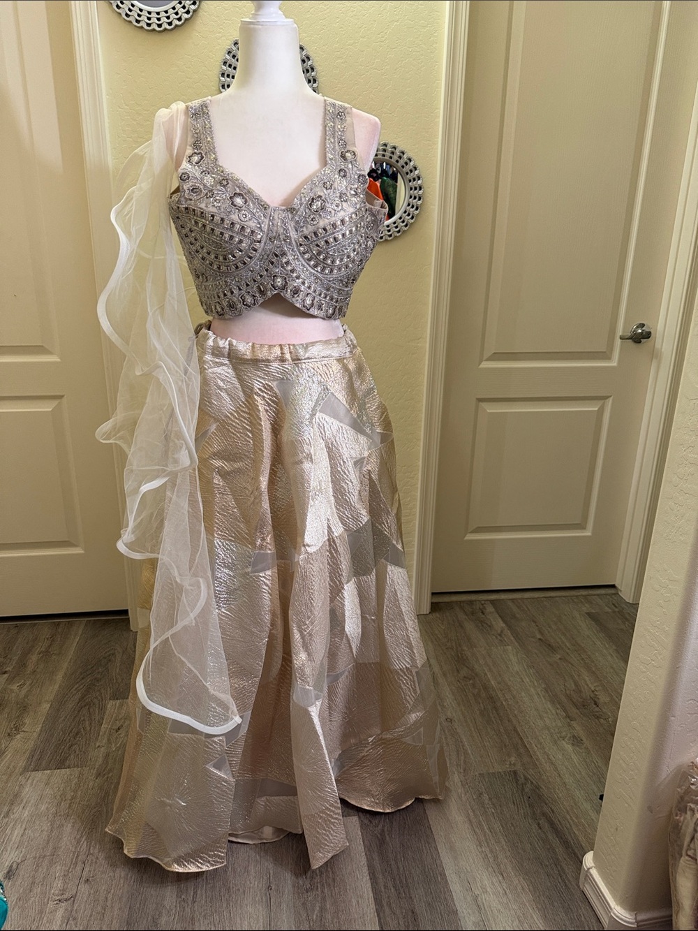 Embellished Silver Cream Lehenga Set with Sheer Dupatta